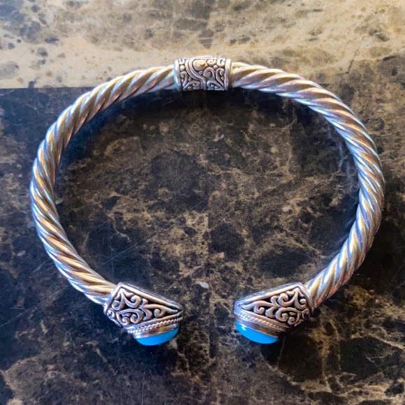Samuel B. Sterling Silver 18K Gold with Turquoise Stones Hinged Cuff Bracelet - Picture 9 of 9